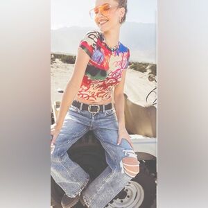 Buckle Gilded Intent Mesh Graffiti Top - NWOT